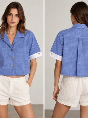 Sandro Paris Blue Windowpane Check Cropped Button Up Shirt Gold Buttons